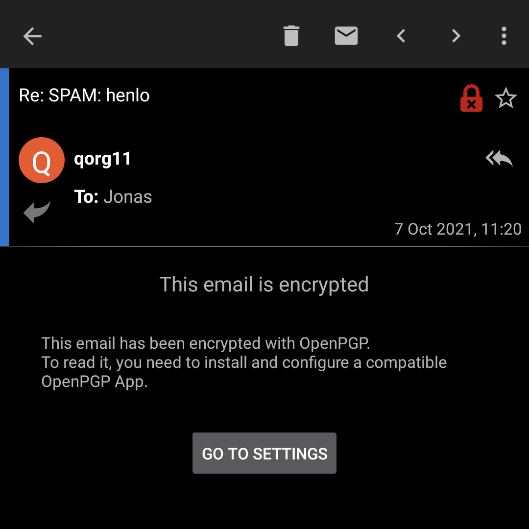 Screenshot of K-9 asking to enable an OpenPGP app